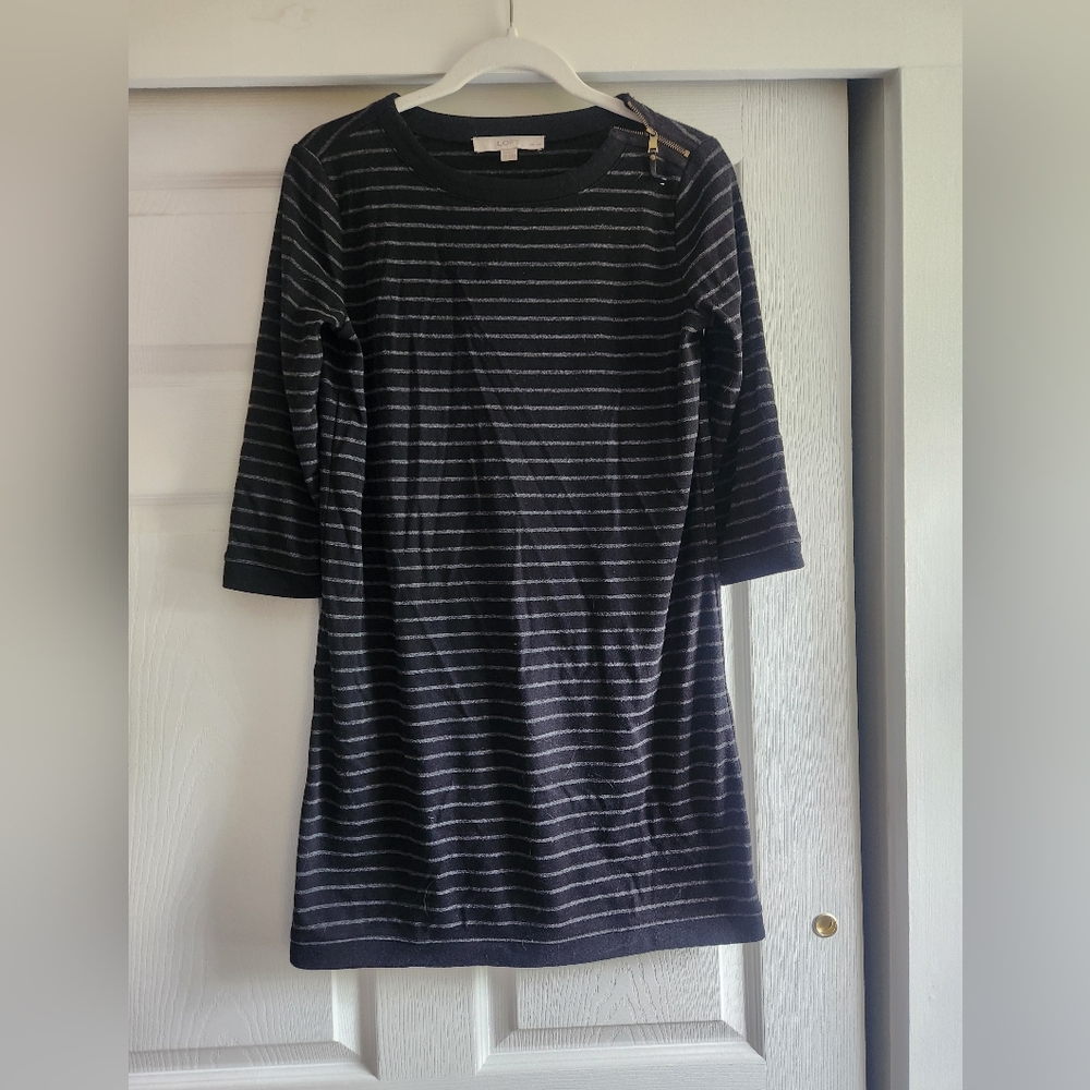 LOFT Black and Gray Striped Long Sleeve Dress
